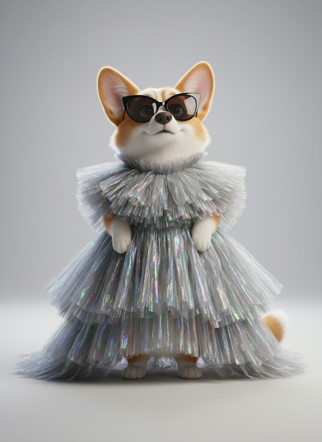 Corgi in sunglasses and a silver gown Corgi in sunglasses and a silver gown