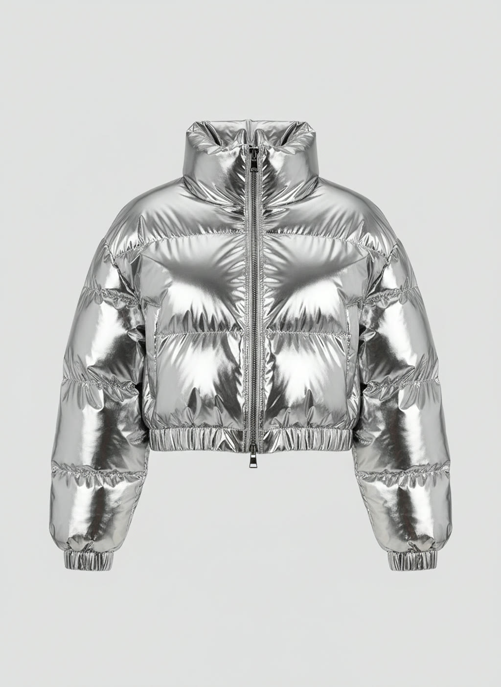 Mirror-chrome silver puffer jacket