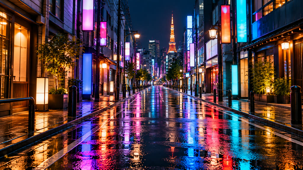 Rainy neon street in Tokyo