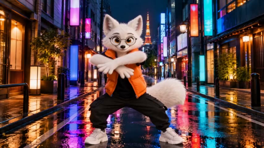 Genjutsu AI render: Same dance → rainy Tokyo street