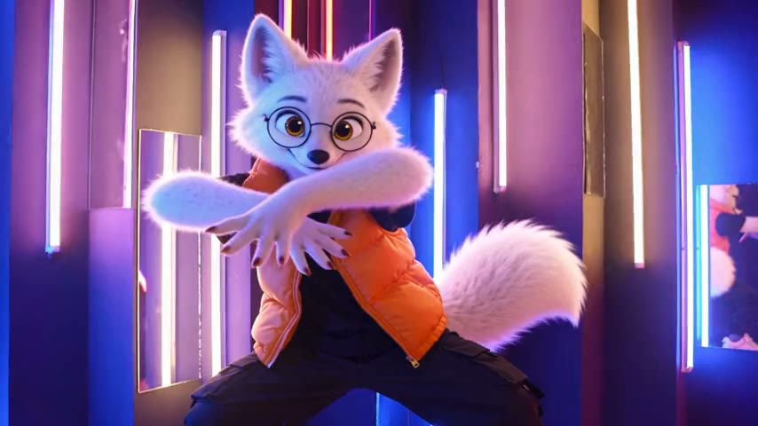 Genjutsu AI render: Neon dancer → 3D arctic fox